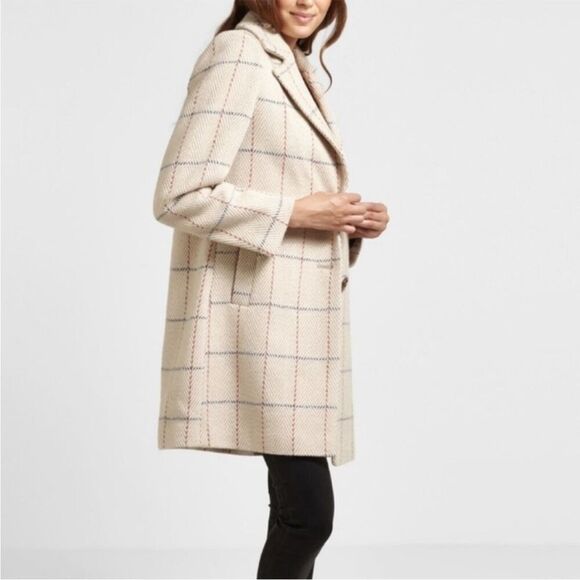 SAM EDELMAN Coat Womens Sz 4 Beige Wool Plaid Single Breasted Walker Pea Jacket - Picture 14 of 15
